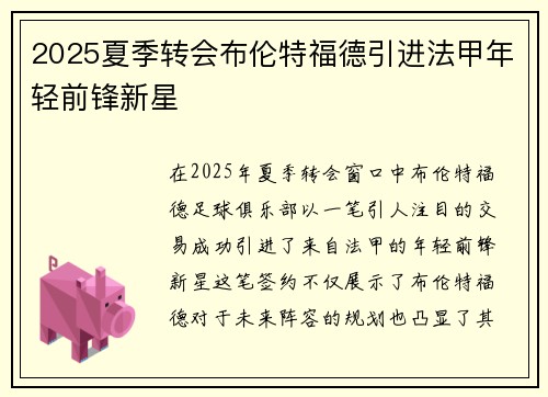 2025夏季转会布伦特福德引进法甲年轻前锋新星 2025夏季转会布伦特福德引进法甲年轻前锋新星