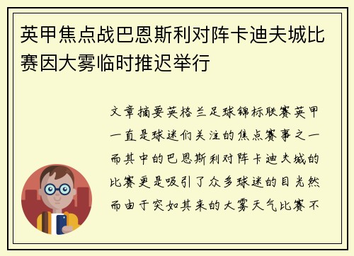 英甲焦点战巴恩斯利对阵卡迪夫城比赛因大雾临时推迟举行